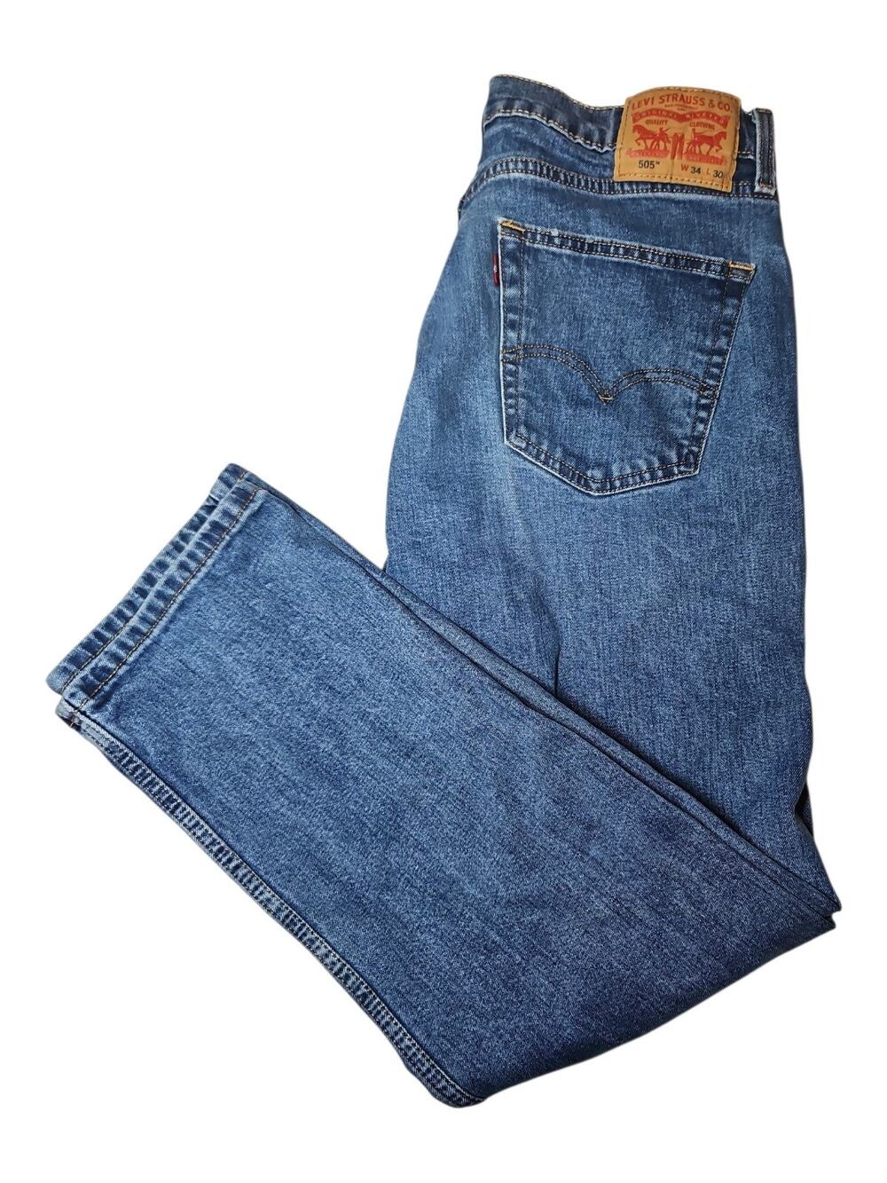 Levis 505 Mens 34 x 30 Blue Denim Regular Fit Straight Jeans Medium Wash
